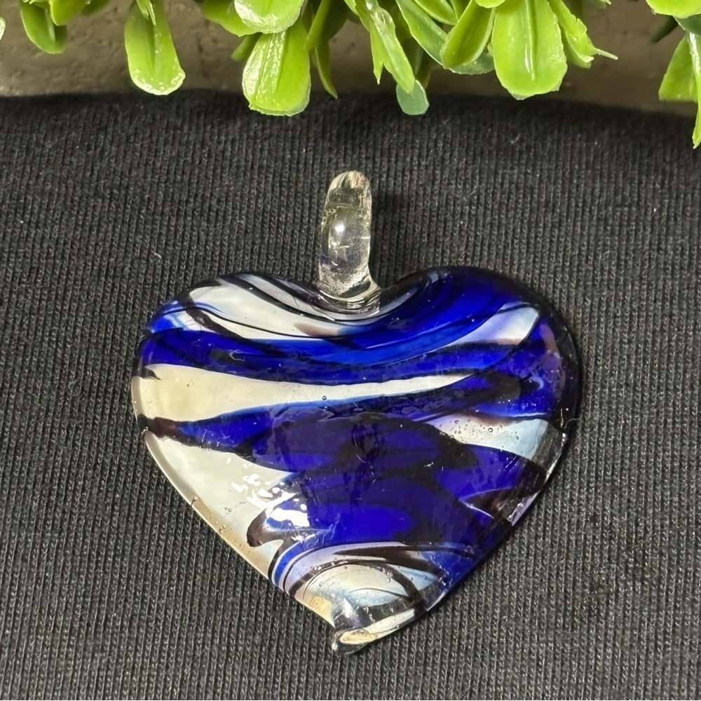 Glass Blown Heart Pendant Blue Black White Transparent Swirl